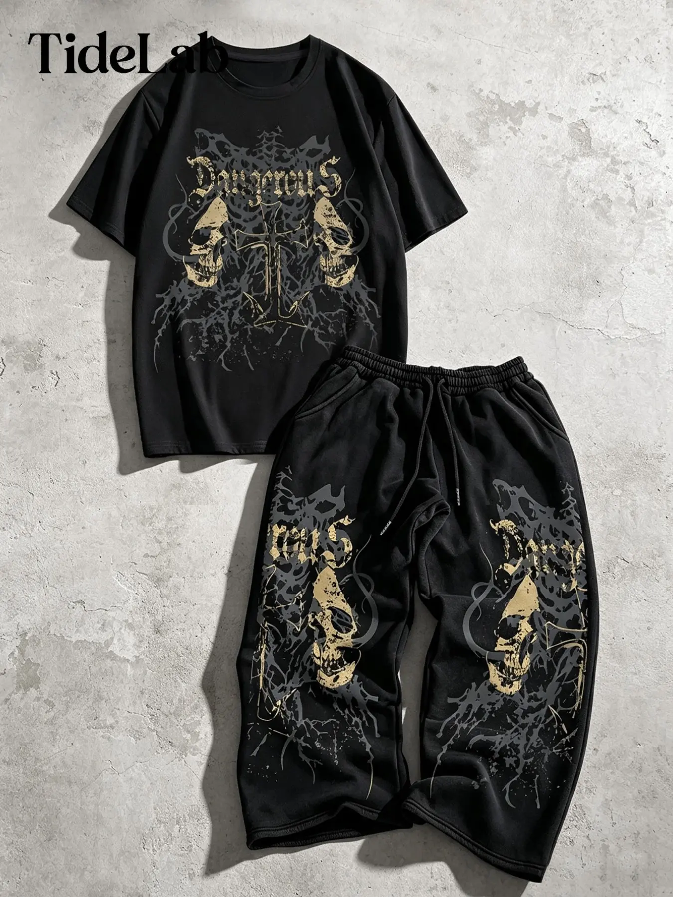 Unisex Gothic Style Short Sleeve Top & Breathable Drawstring Wide Leg Pants, Trendy Hip Hop Skateboard, 2-Piece Set