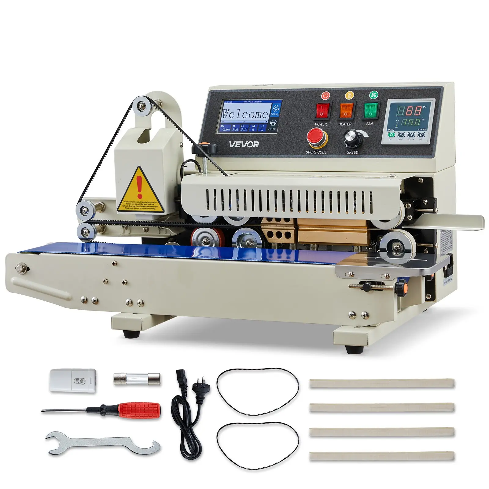 Continuous Bag Band Sealing Machine, 0.24-0.47 in Seal Width, Horizontal Band Sealer Machine with Ink Printing, Temp Speed Adjustable, Heat Sealing Machine for 0.001-0.03 in Plastic Bags