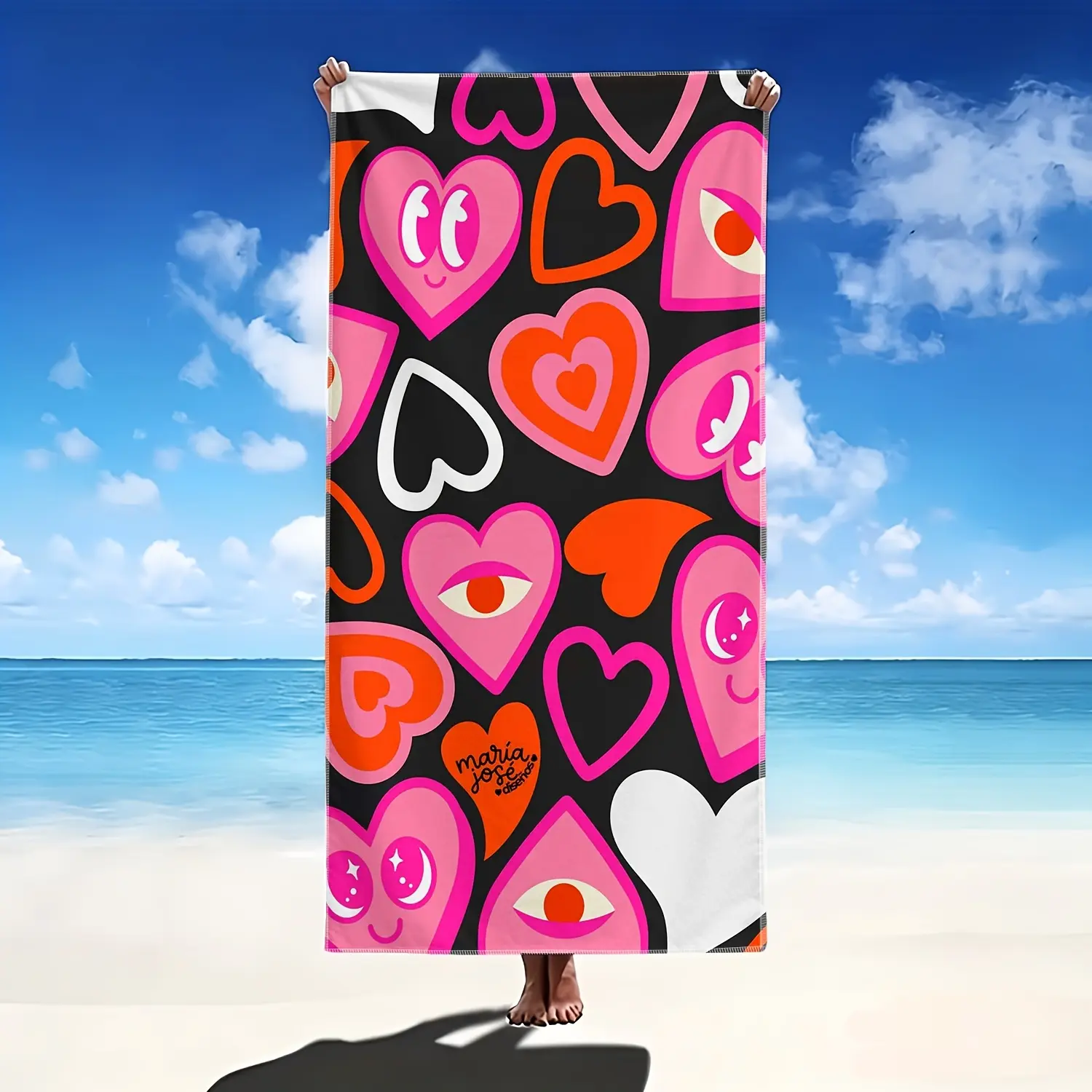 1pc Cute Smiling Heart Beach Towel Suitable for Bath, Pool & Travel - Quick-Dry Microfiber Bath Towel with Joyful Face & Eyes Print, Lint-Free Suitable for,,, Ideal, Pool Parties, Camping, Hot Spring