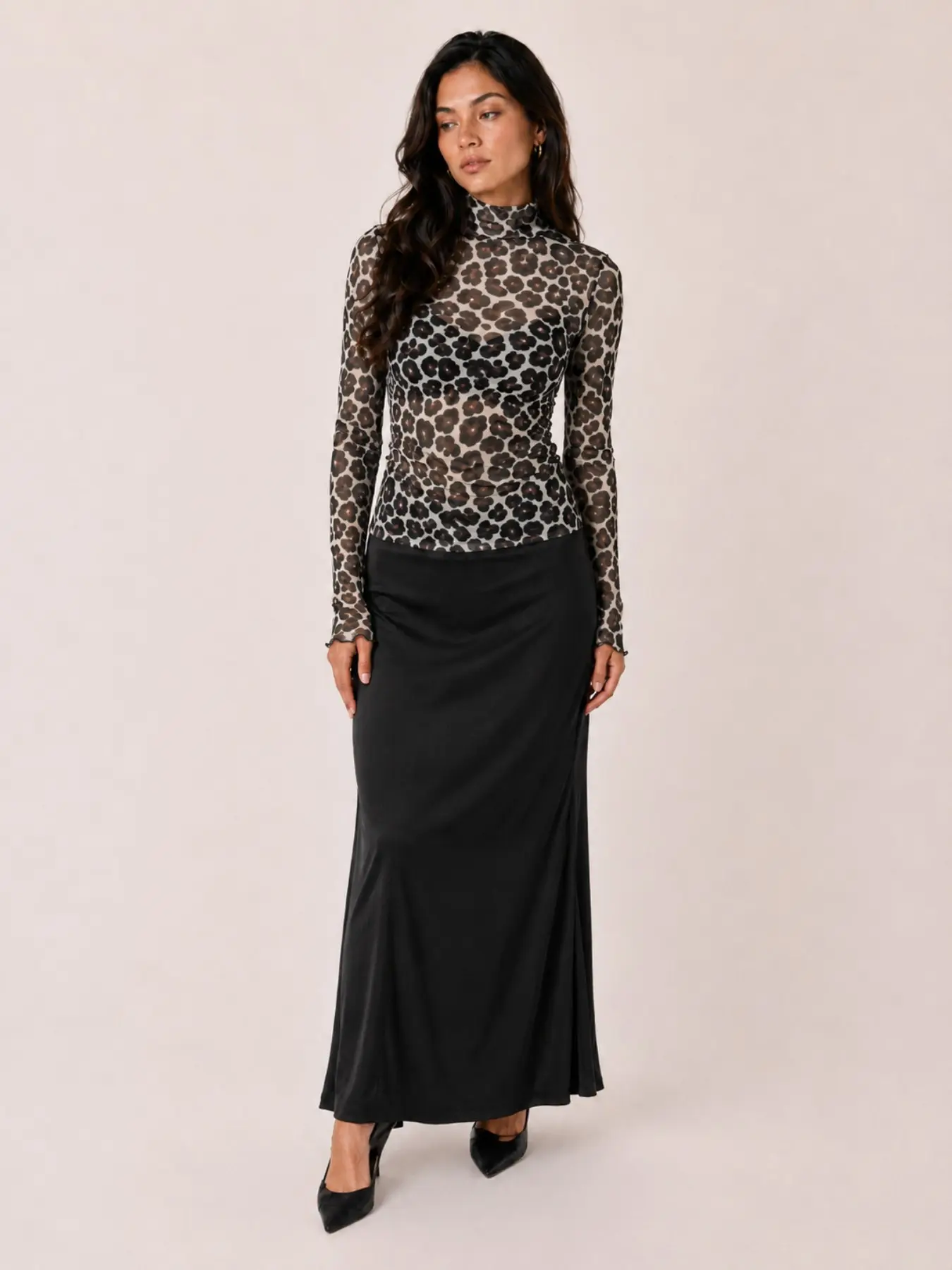 Leopard Print All Over Print Mesh Long Sleeve High Neck Women's Top, Animal Pattern Shirt, Stylish, Trendy and Elegant Fashion Wear, Perfect for Casual