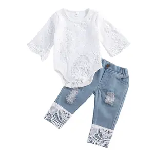 Newborn Baby Girl Outfits Set Lace Hollow Out Long Sleeve Romper Bodysuit Ripped Patchwork Jeans 2Pcs Set Infant Clothing