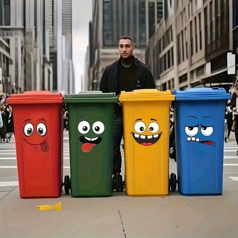 4pcs Interesting Cartoon Face Stickers, Self-Adhesive One-Time Use, Decoration for Bathroom Trash Can Refrigerator Decor