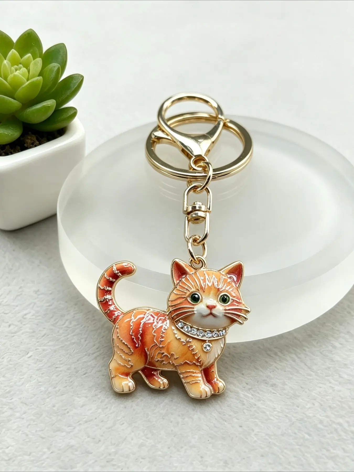 Cute Enamel Orange Tabby Cat Keychain, Rhinestone Collar Ginger Kitten Animal Key Ring, Bag Charm Pendant for Car Backpack Purse, Gift for Friends