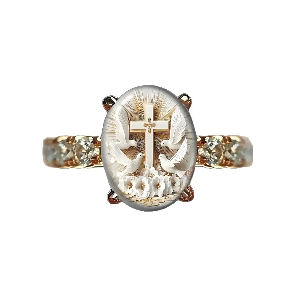 Gold Christian Cross Ring for Women, Dove Faith Ring, Religious Jewelry, Hope Peace Inspirational Gift