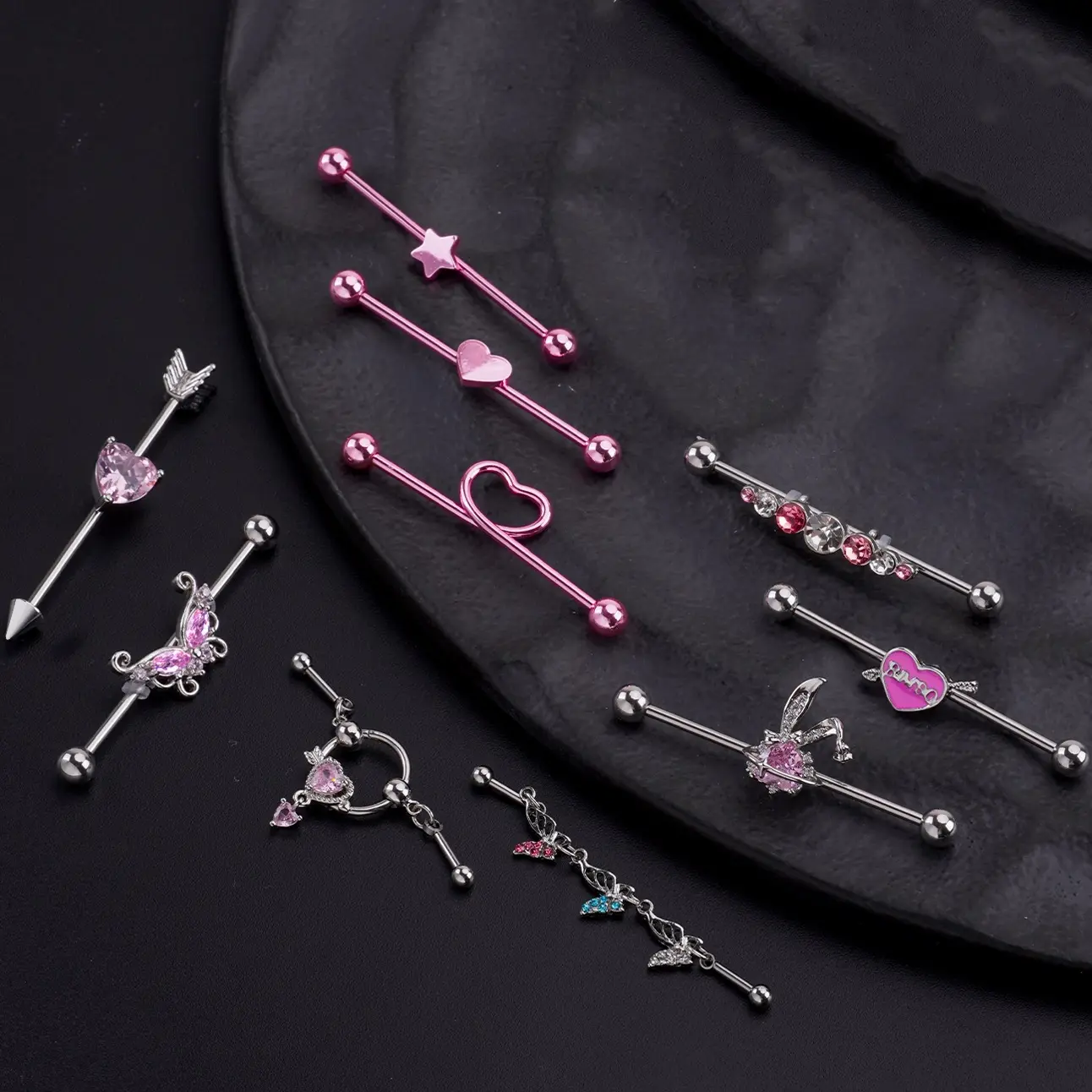Stainless Steel Industrial Barbell Earrings, Heart Cartilage Bar Jewelry for Women, Helix Piercing Inspired Earrings, Y2K Punk Alternative Accessories