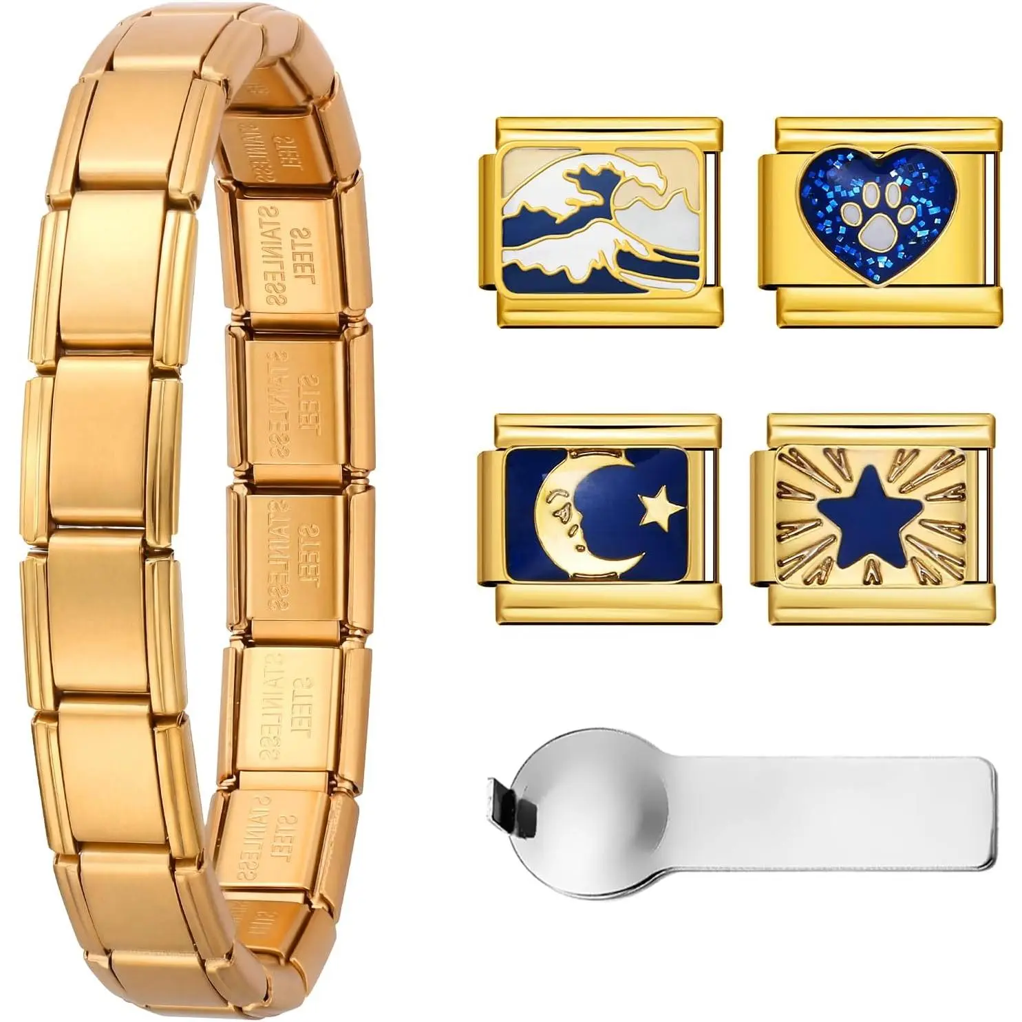 Italian Charm Bracelet - 18-Link 7.2" Stainless Steel 9mm Bracelet with 4 Interchangeable Charms (Moon/Wave/Paw) & Opening Tool for Women