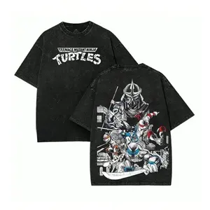 Vintage Black Washed TMNT T-Shirt, Front "Turtles" Logo & Side Weapon Flags + Back Full TMNT & Shredder Print, Oversized Unisex Tee for Retro Anime Fans & Street Style