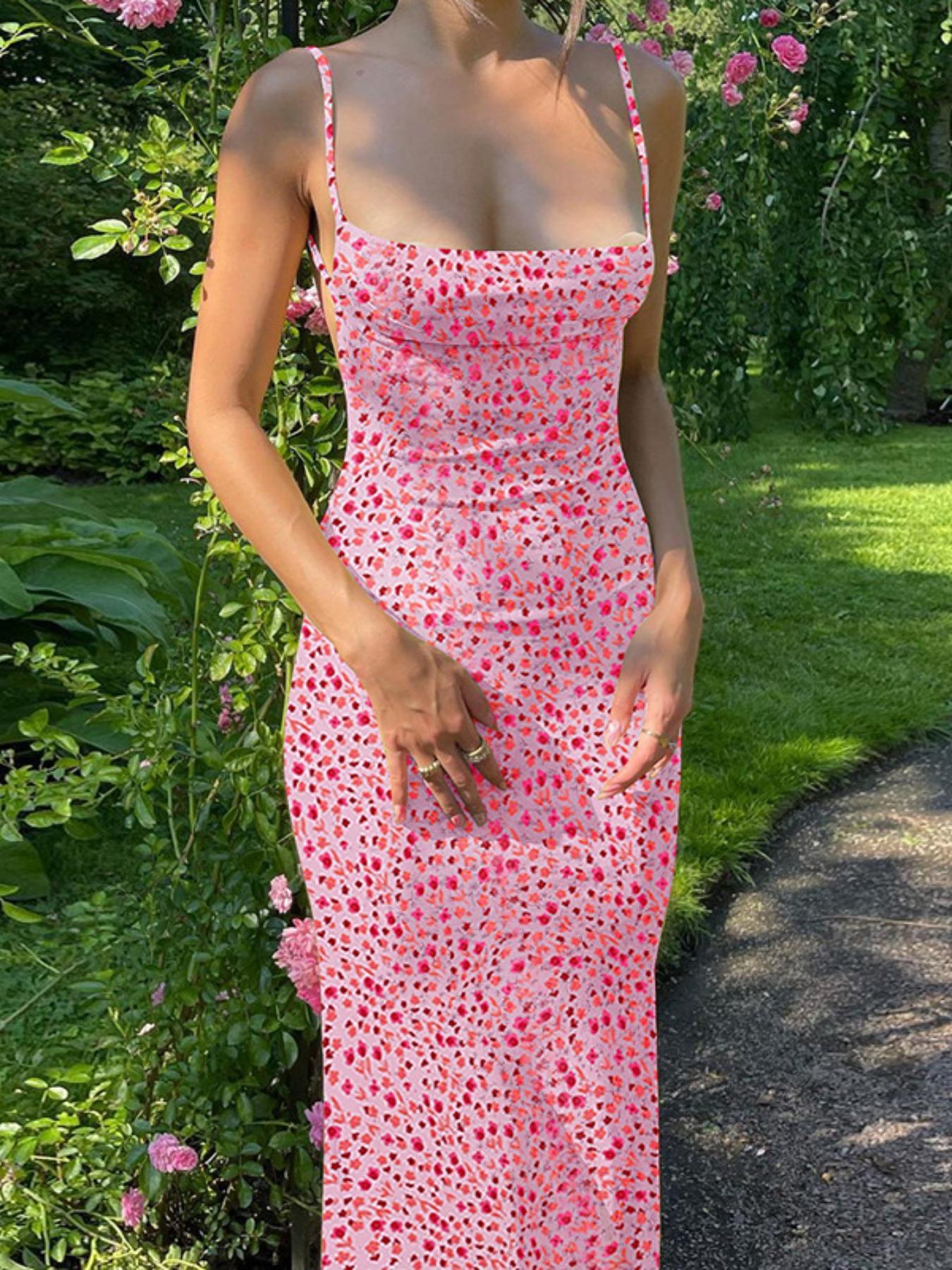 Women's Ditsy Floral Print Backless Sleeveless Spaghetti Strap Cami Dress, Summer Dress for Women, Casual Wear, Bohemian Fashion Maxi Dress for Holiday Vacation Party, Ladies Dress for Beach Women's Ditsy Floral Print Backless Sleeveless Spaghetti Strap Cami Dress, Summer Dress for Women, Casual Wear, Bohemian Fashion Maxi Dress for Holiday Vacation Party, Ladies Dress for Beach