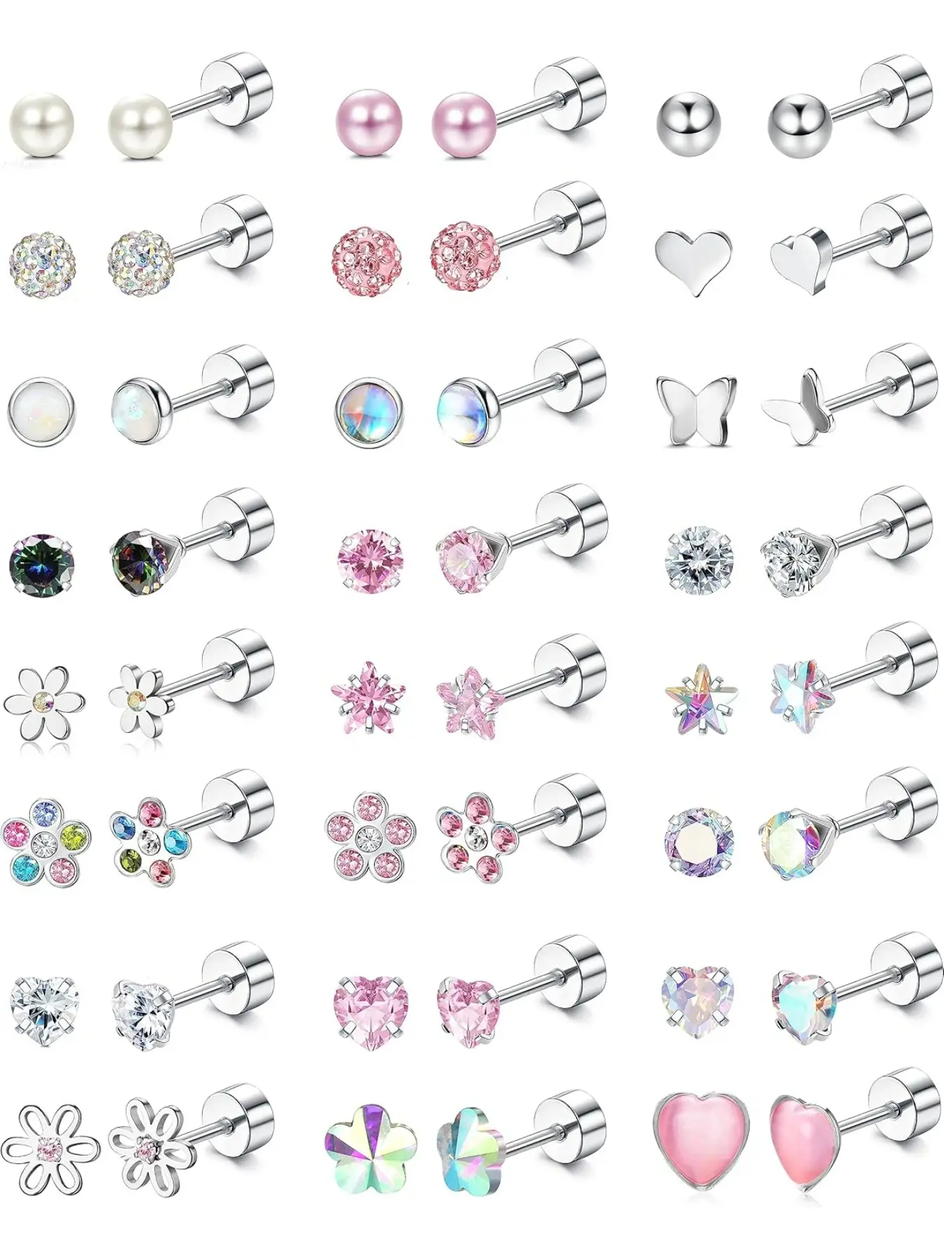 24Pairs Hypoallergenic Earrings for Girls Women - Dainty Earrings Set Screw Back Earring Cute Kids Baby Toddler Earrings 4mm Tiny Screwback Flat Back Stud Earring Set Age: Over 3 Years Old