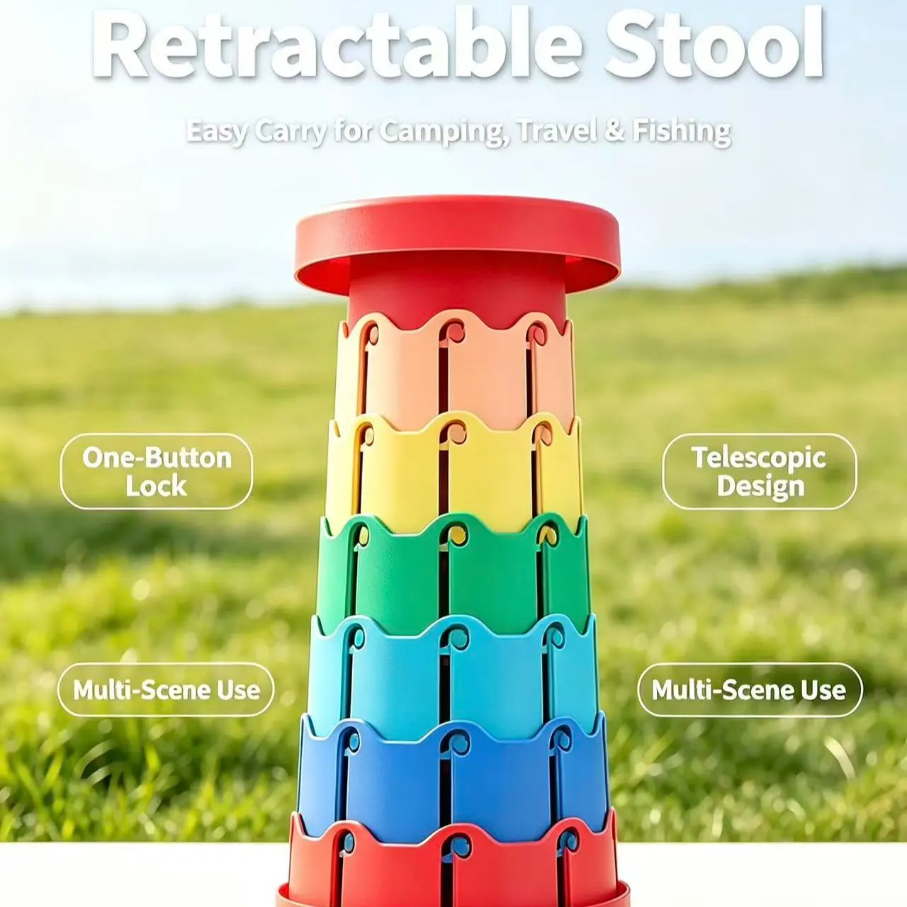 Outdoor Folding Stool, Lightweight Portable Extendable Stool, Easy Carry Camping Queue Fishing Bench, Compact Plastic Furniture