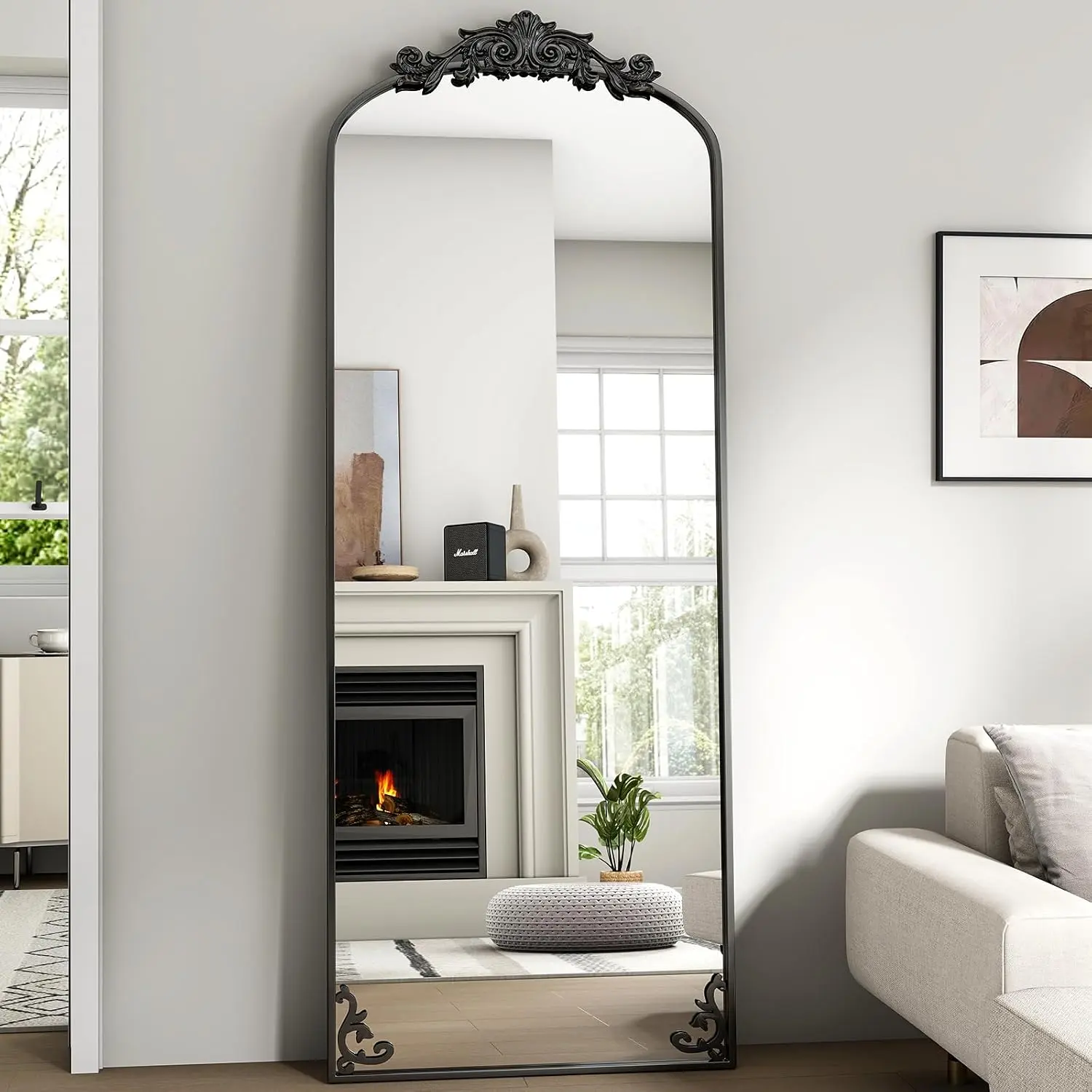 21"x 64" Arched Full Length Mirror, Freestanding Floor Mirror with Carved Metal Frame & Bottom Art Carved, Black Full  Mirror for  Decor