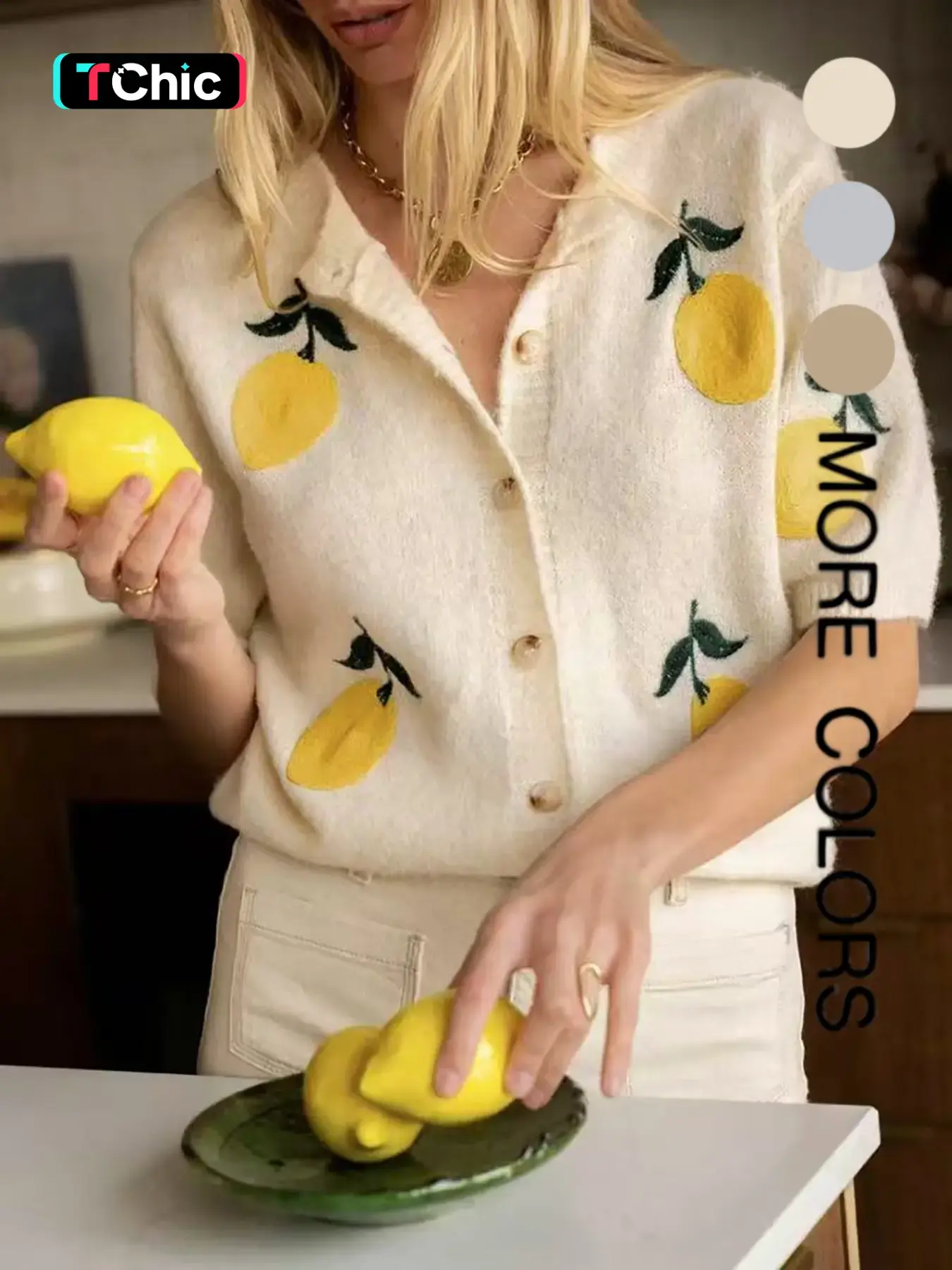 Women's Lemon Embroidery Cardigan, Casual Short Sleeve Knitwear for Daily Wear, Ladies Knit Top for All Seasons