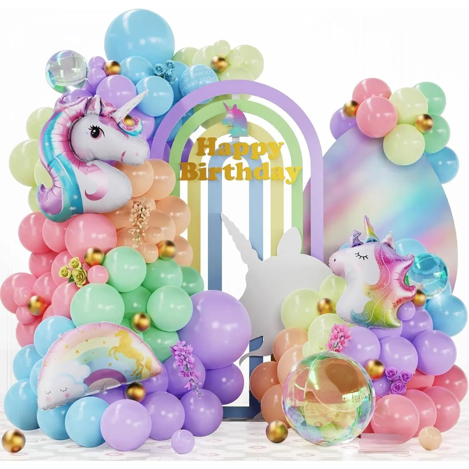 140 count Pastel Rainbow Unicorn Balloon Garland Arch Kit,with   Unicorn,Rainbow,Iridescent Sphere foil Balloons for Girl Birthday Party Decoration Easter Fairytale  Shower Supplies
