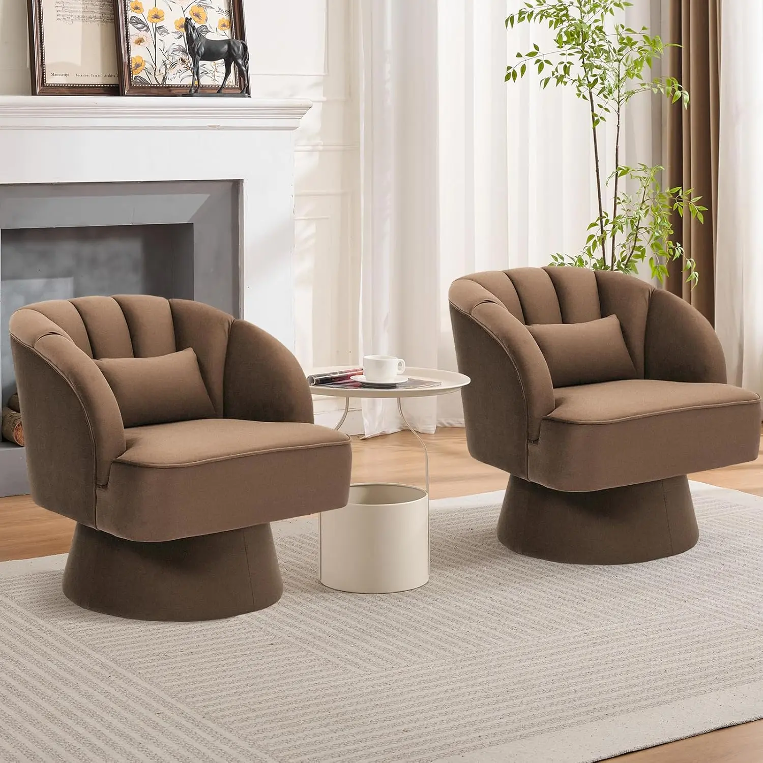 Garvee Modern Swivel Barrel Accent Chair – 360° Rotating Stuffed Velvet Armchair, Striped Backrest, Soft-like Cushion, Mid-Century Lounge Single Sofa for Living Room or Bedroom
