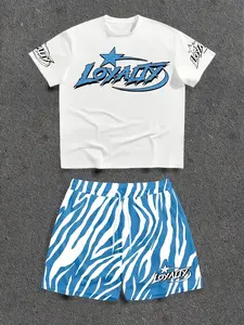 American Streetwear Letter Set, Sleeve Badge Bottom Zone Logo, Asymmetric Zebra Pattern, Loose Breathable Men's Two-Piece Suit