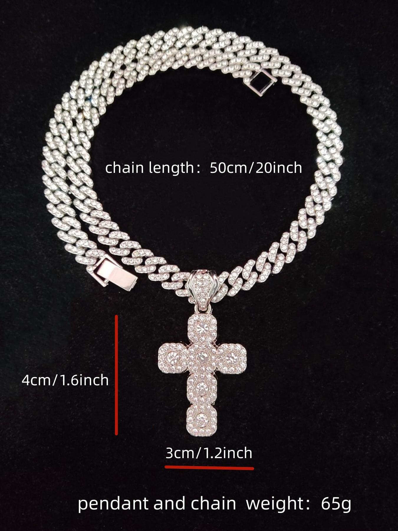 Hip Hop Artificial Diamond Cross Pendant Necklace As Gift, Elegant Rhinestone Necklace, Rhinestone Cuban Chain Link Necklace for Men Women, Streetwear Matching Chunky Rhinestone Decorated Jewelry for Daily, Cuban Link Design