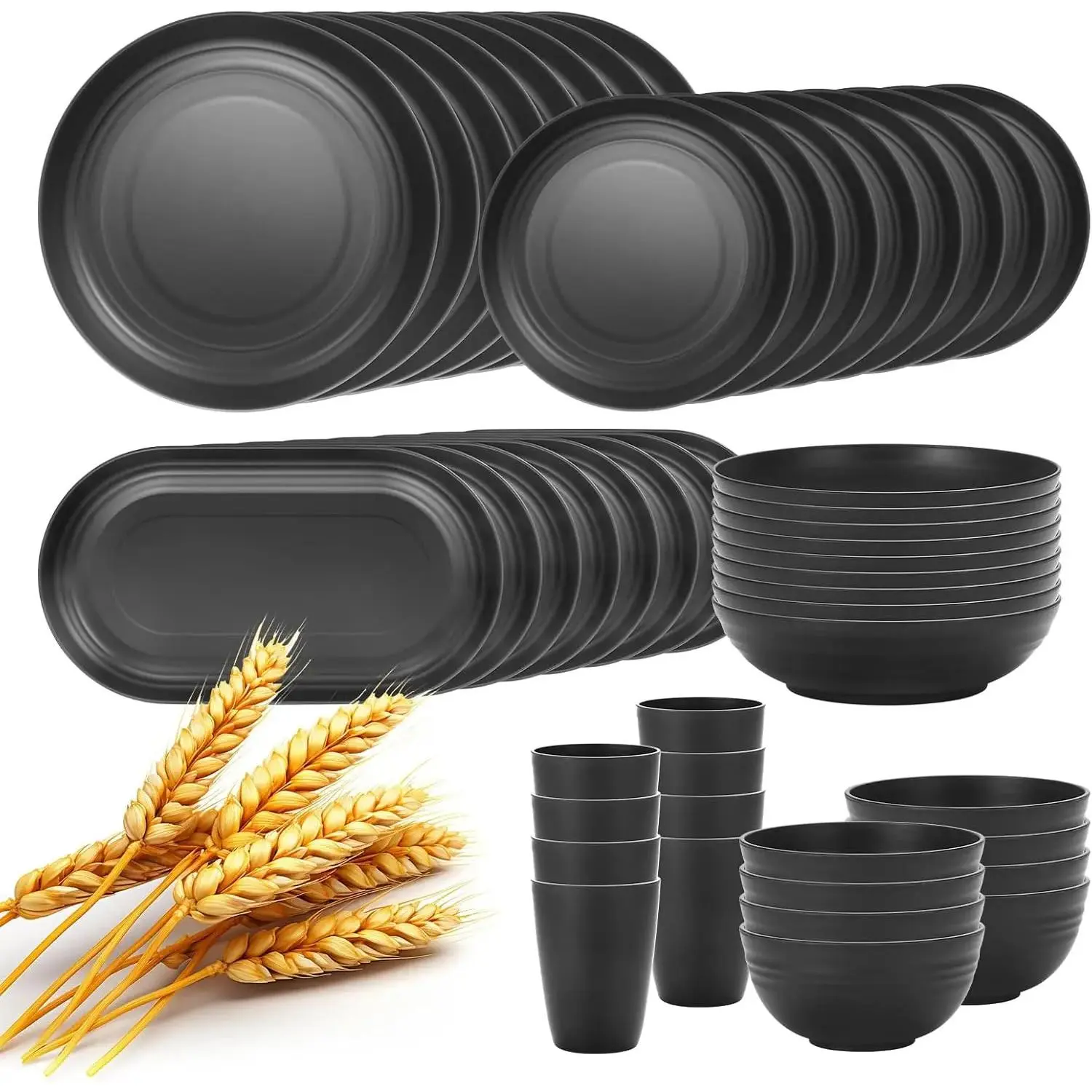 48-Pcs Kitchen Wheat Straw Dinnerware Set, Service for 8, Plastic Reuasble Dinner Dishes Serving Plate Set for Kitchen, Including Dinner Plate, Dessert Plates, Bowl, Cup(Black)