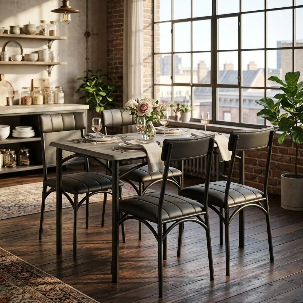Dining Table Set for 4, 5 Piece Modern Rectangular Kitchen Table with 4 Upholstered Chairs, Space-Saving Sturdy Dining Room Furniture Set, Easy Clean Waterproof Surface, Ideal for Apartment, Studio, Small Kitchen & Compact Living Space