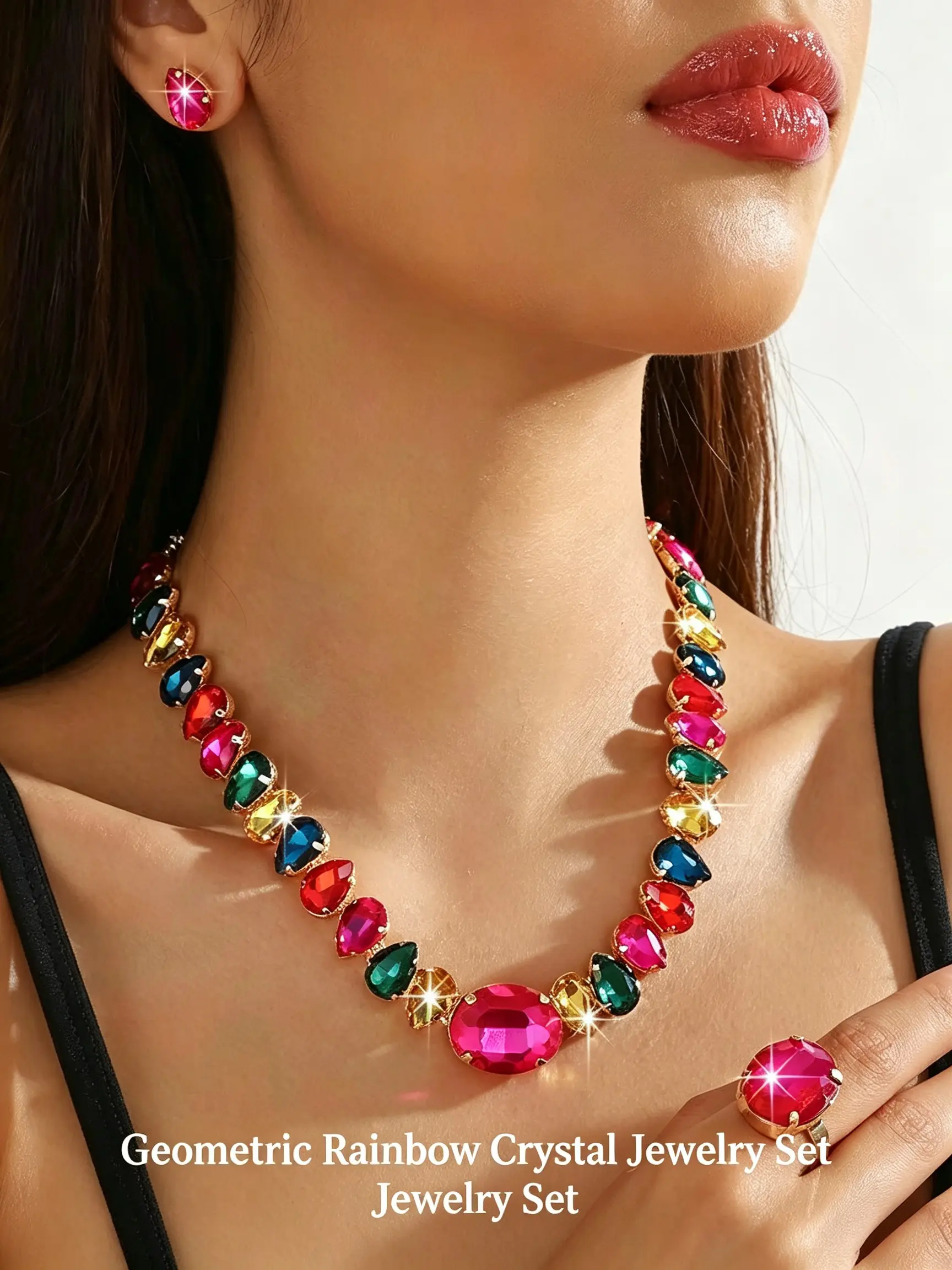 Best-selling exquisite colorful crystal diamond necklace, earrings, and ring three-piece set, evening dress collarbone chain accessory, women's gift
