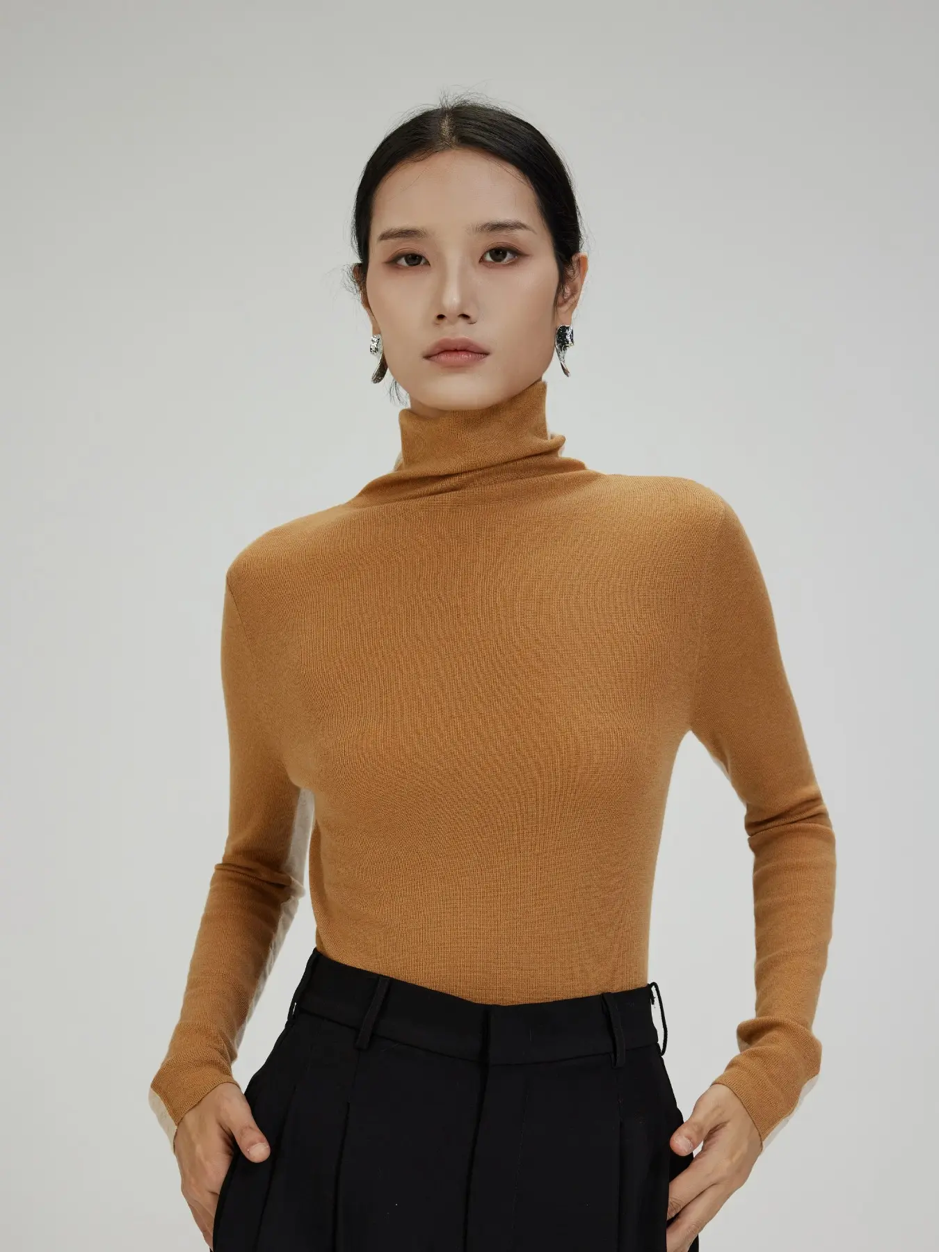 16 Needle 60s Merino Wool Seamless Colorblock High Neck Sweater, Fall & Winter Long Sleeve Knit Fitted Baselayer, Reversible Design