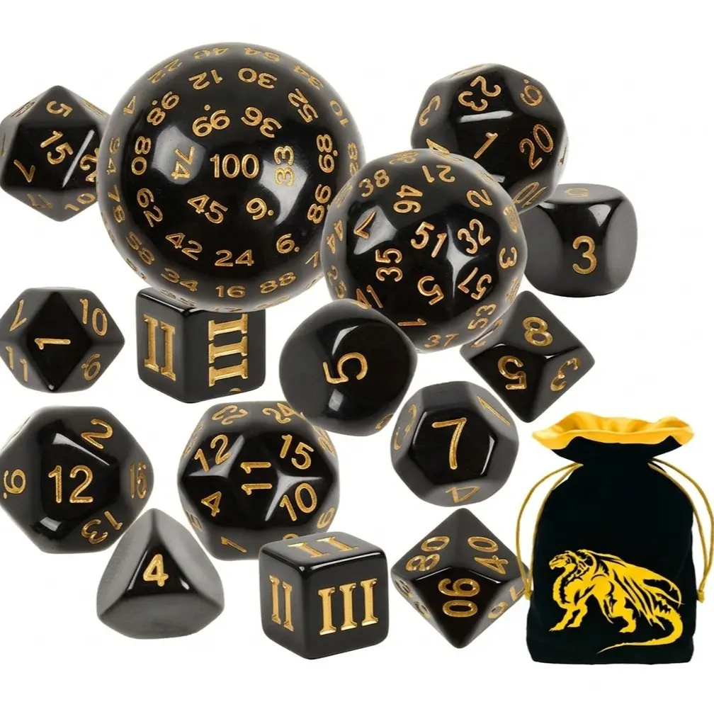 15 Pieces Complete Polyhedral Dice Set D3-D100 Game Dice Set with a Leather Drawstring Storage Bag for Role Playing Table Games(Black & Purple)