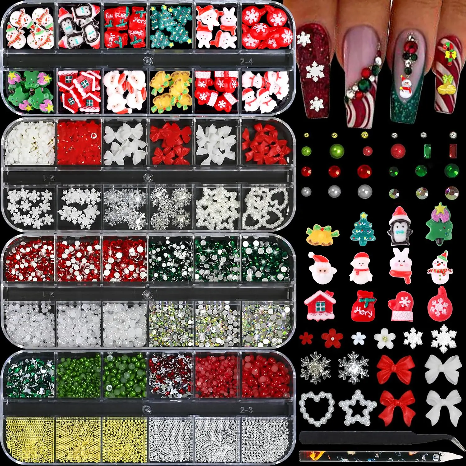 Christmas Nail Art Kit, 4 Boxes, Includes 3D Butterfly, Pearl, Rhinestone, Santa, Snowman, Snowflake, Metal Seed Bead, Perfect Gift, Nail Charms