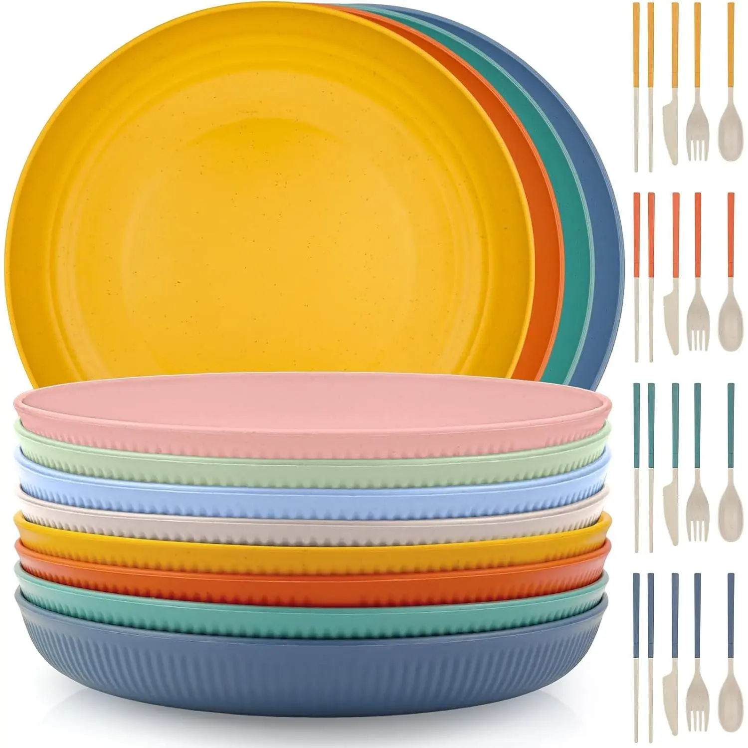 12 count Wheat Straw Dinner Plates Set, 9 Inch Unbreakable Plates with Cutlery Sets (/Fork/Spoon),  Lightweight Dish Set, Microwave Safe Plastic Dinnerware for Camping, Dorm, Everyday Use