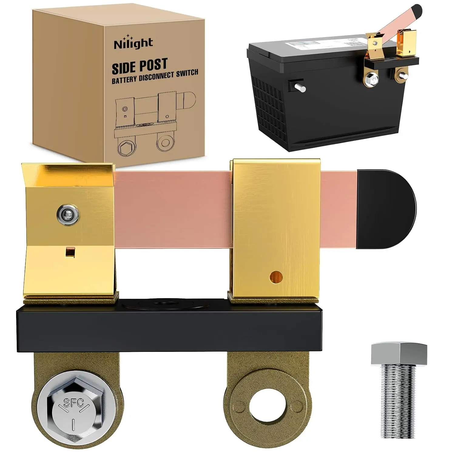 Nilight Side Post Knife Blade Master Switch - 12V-24V 250A Continuous 750A Momentary Solid Brass Vehicle Battery Disconnect Isolator (3/8" Hole Only) with Quick Power, Durable & Long-Lasting for Cars & Boats, RV Automotive & Motorcycle Replacement Parts