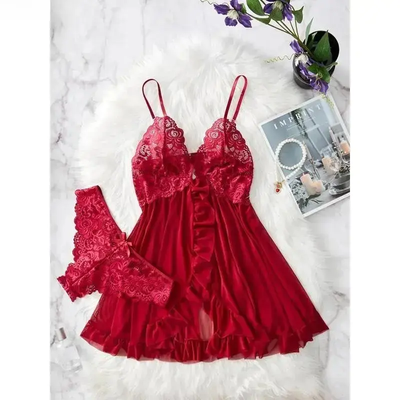 Lingerie Set for Women, 2-Piece Sheer Ruffled Floral Lace Cotton Nightwear with Spaghetti Straps and Bow, Romantic Gifts for Her, Womens Gifts, S
