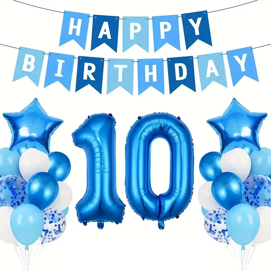 Blue Number Five Star Birthday Balloon Set, including 32 inch blue number options 8, 9, 10, 11, 12, 16, as well as aluminum foil decoration set, suitable for weddings, singles parties, confirmation ceremonies, Christmas, Party Balloons Decorations