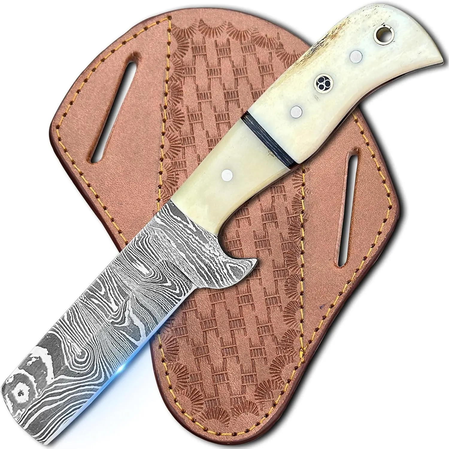 8" Handmade Sharp Damascus Steel Cowboy Bull Cutter - Fixed Blade EDC Skinning Tool with Leather Sheath for Hunting, Outdoor Activities
