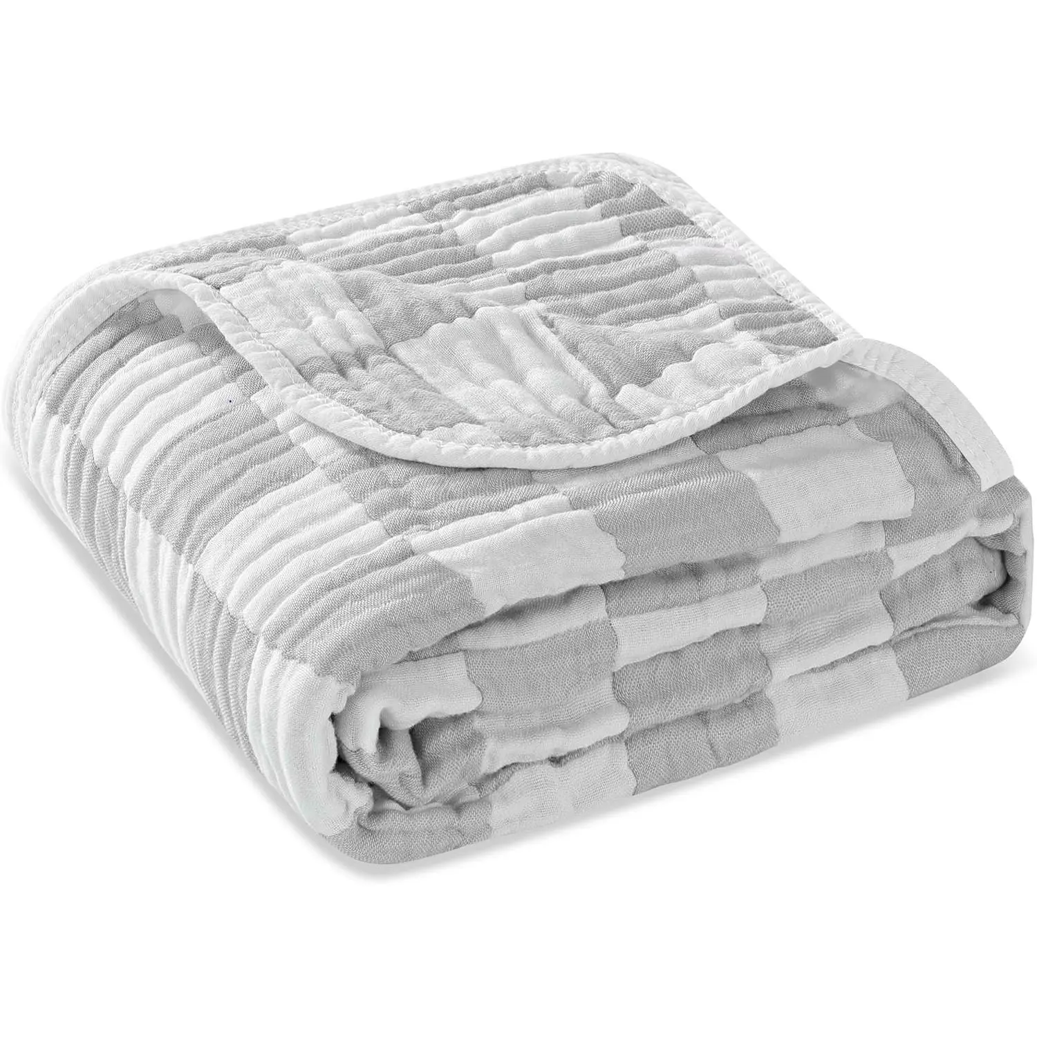 GOTS Certified Organic Cotton 6-Layer Muslin Blanket - Bamboo Viscose, Breathable, All-Purpose Classic Neutral Grey Checkered Swaddle & Crib Blanket, 43"x43"