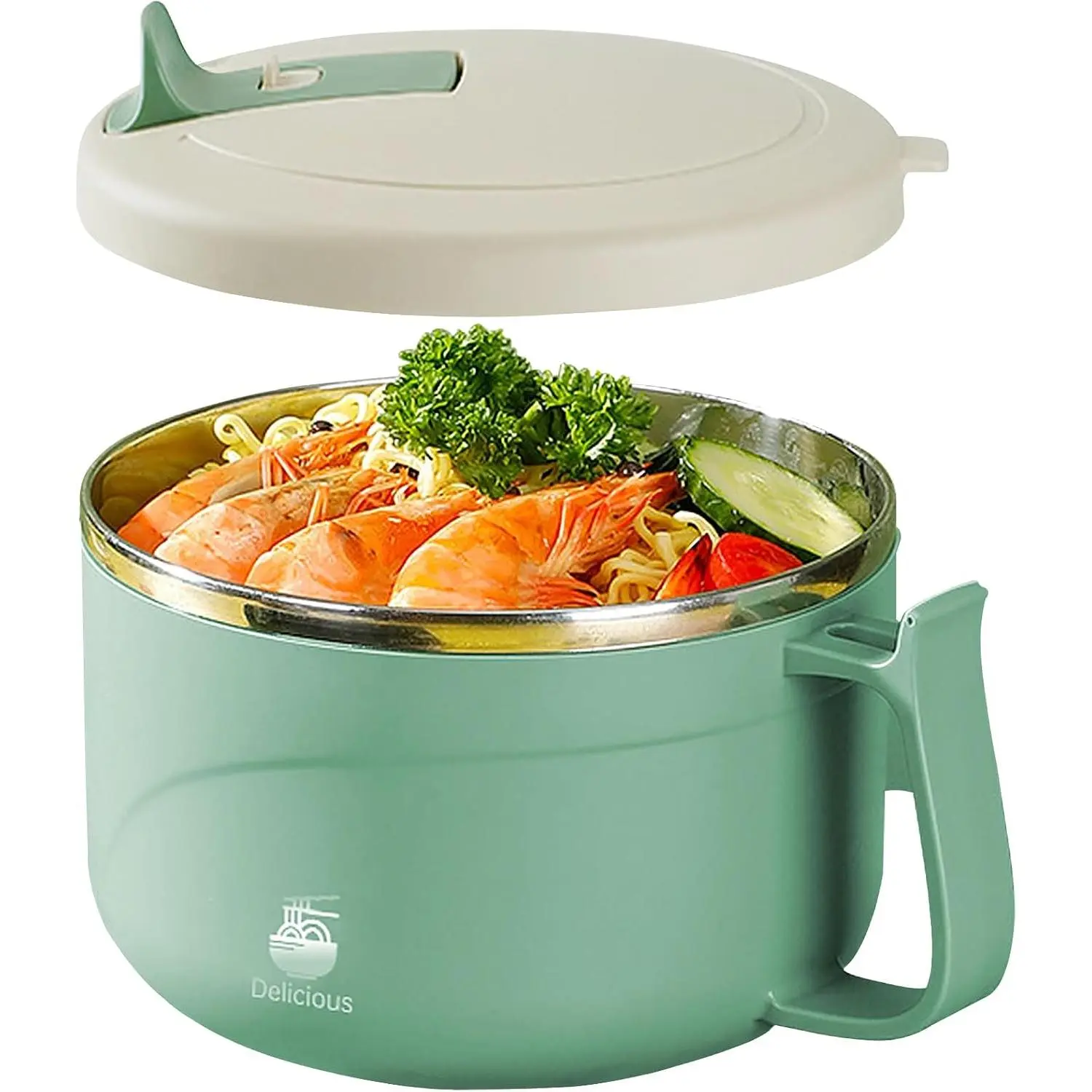 42oz Large Size Sturdy Synthetic Tableware Microwave Ramen Bowl with Handles, 304 Stainless Steel Liner, Lid-Included Soup Container for Ramen Noodles, Cereal (Green)