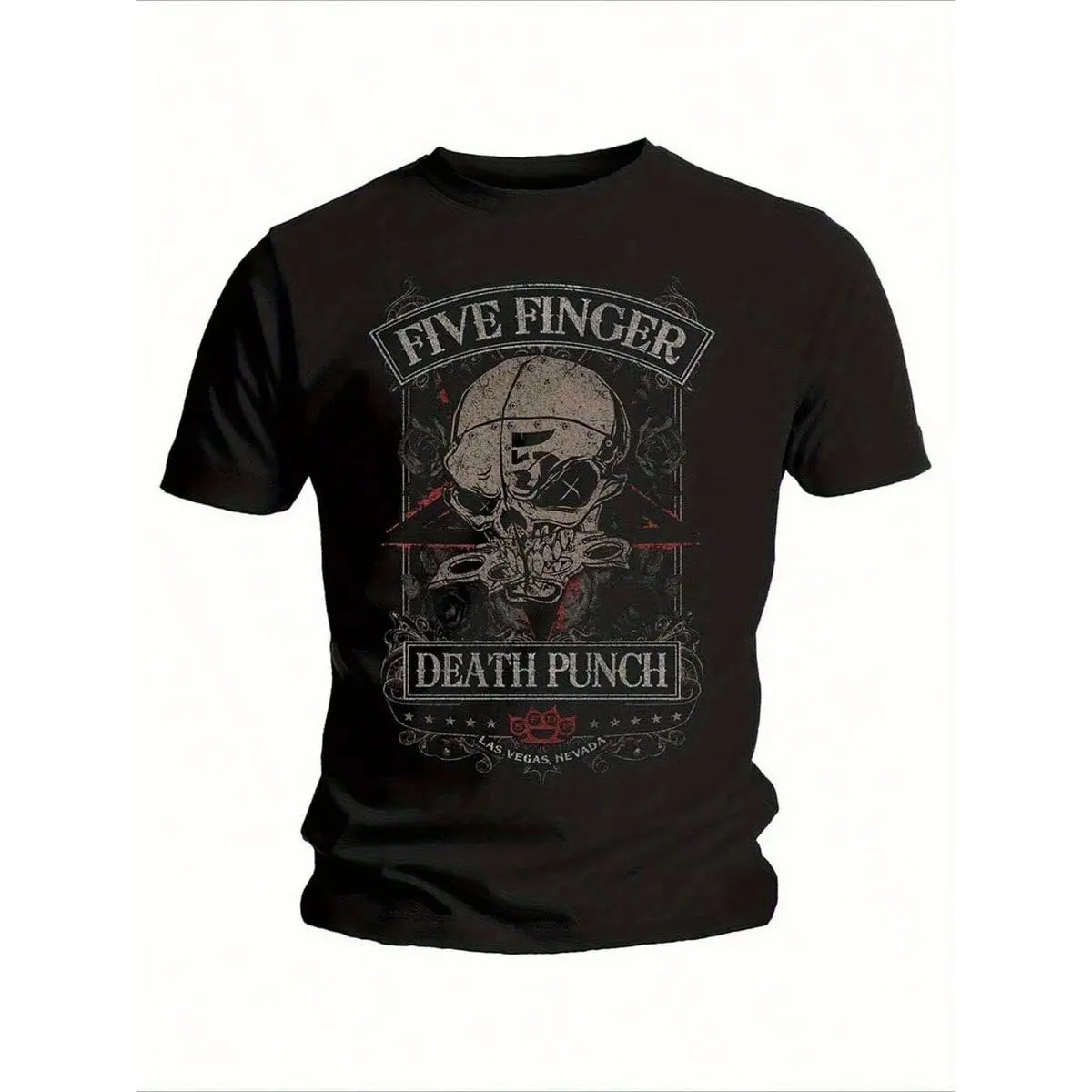 Five Finger Skull Graphic Vintage Black T-Shirt, Unique Helmets & Death Punch Design, Retro Eye-Catching Color Tee, Unisex Short Sleeve Shirt