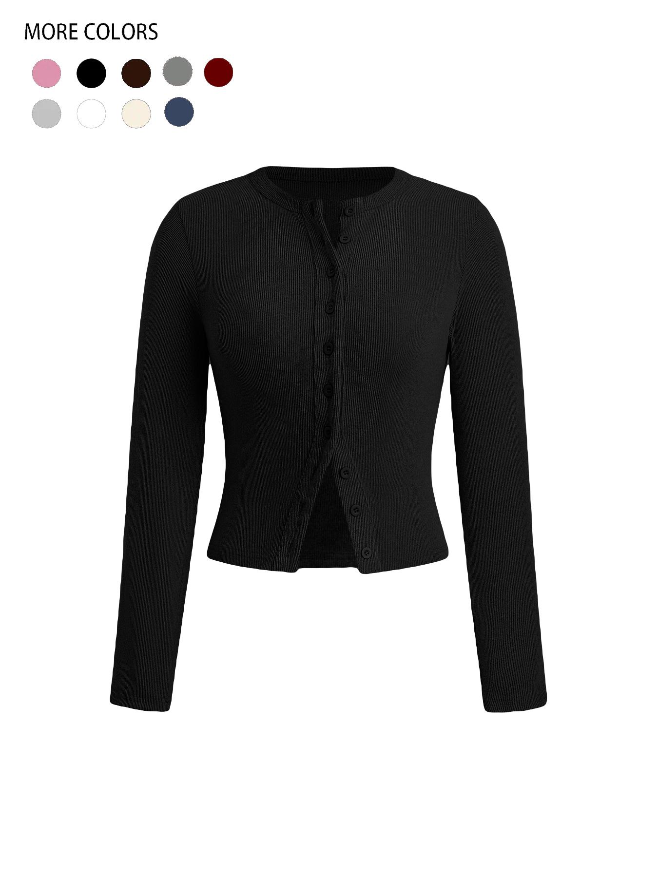 Women's Plain Basic Button Front Ribbed Tee, Casual Long Sleeve Round Neck T-Shirt for Spring & Fall, Women's Top for Daily Wear