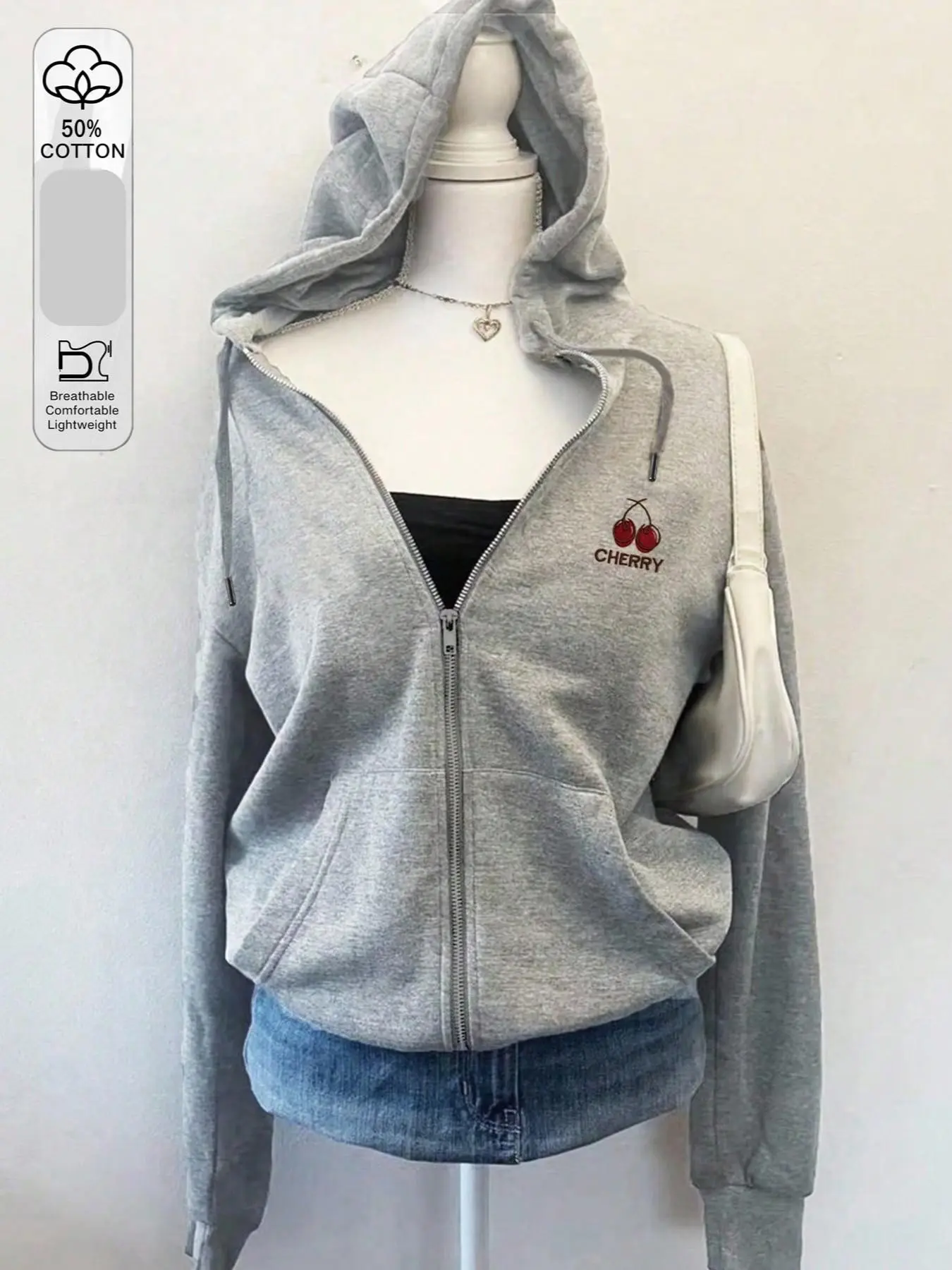 Cherrylem Women's Casual Cherry Print Hooded Sweatshirt, Long Sleeve Loose-Fit, Graphic Pattern, Plain Surface, Unlined, 88.2 G/m²