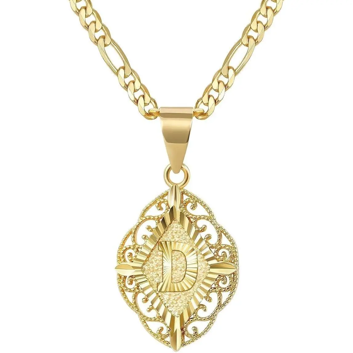14K Gold Plated A-Z Initial Necklace, Trendy Geometry Hollow Letter Pendant Necklace Personalized Non Tarnish Figaro Chain Daily Vacations, Party Wear, Jewelry, Holiday Gift