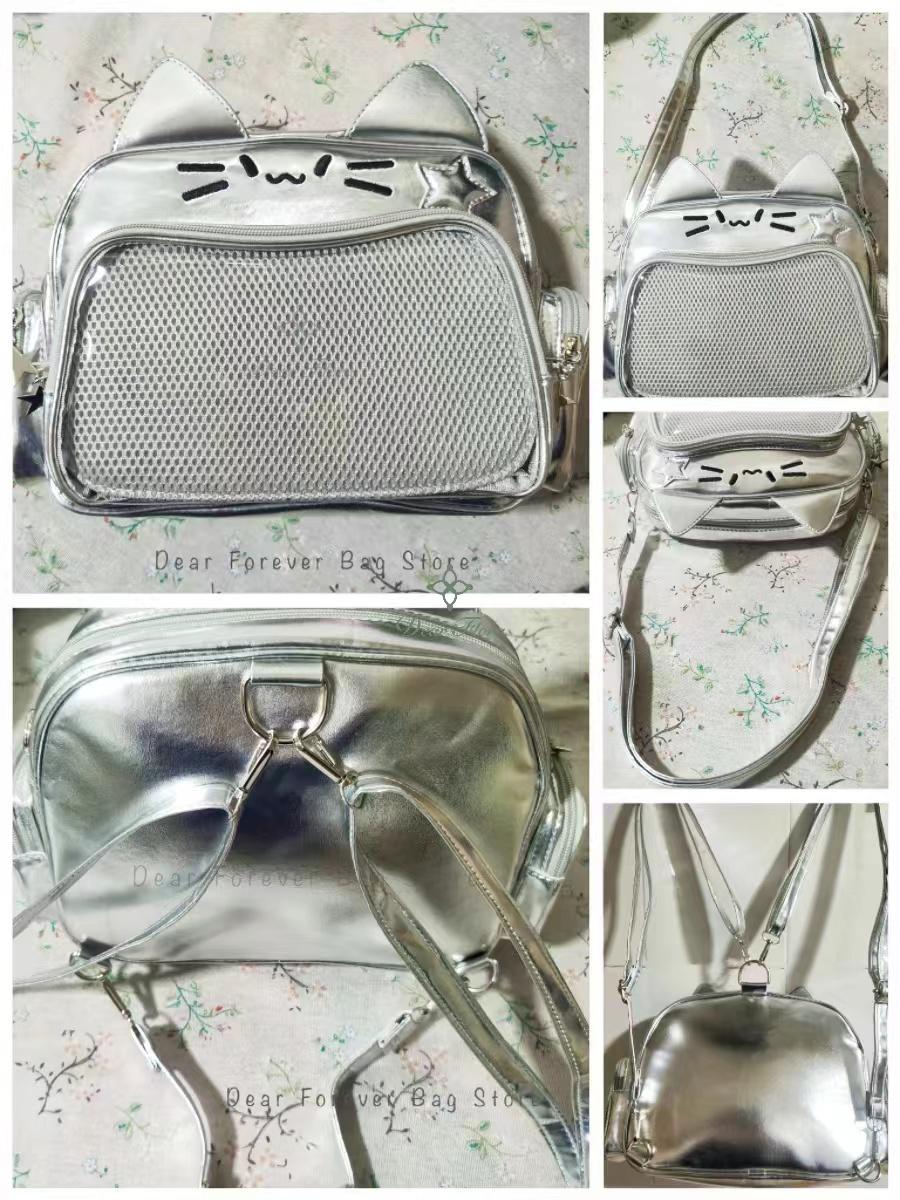 Y2K Korean Cute Cat Ita Bag Japan Kawaii PU Crossbody Bag Girls Transparent Pocket Harajuku Shoulder Bag Silver Fashion Backpack