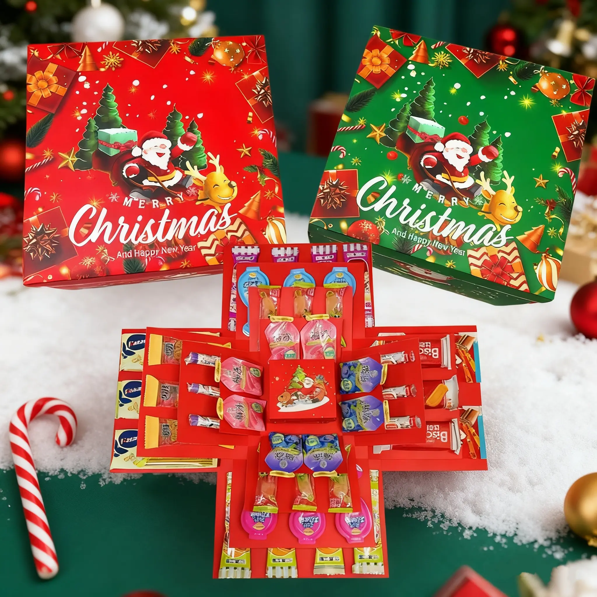5-Layer Christmas Surprise Explosion Gift Box with Ribbon, Multi-Compartment Organizer for Candy & Snacks, Gift Packaging for Birthdays & Holidays, Christmas In July Supplies