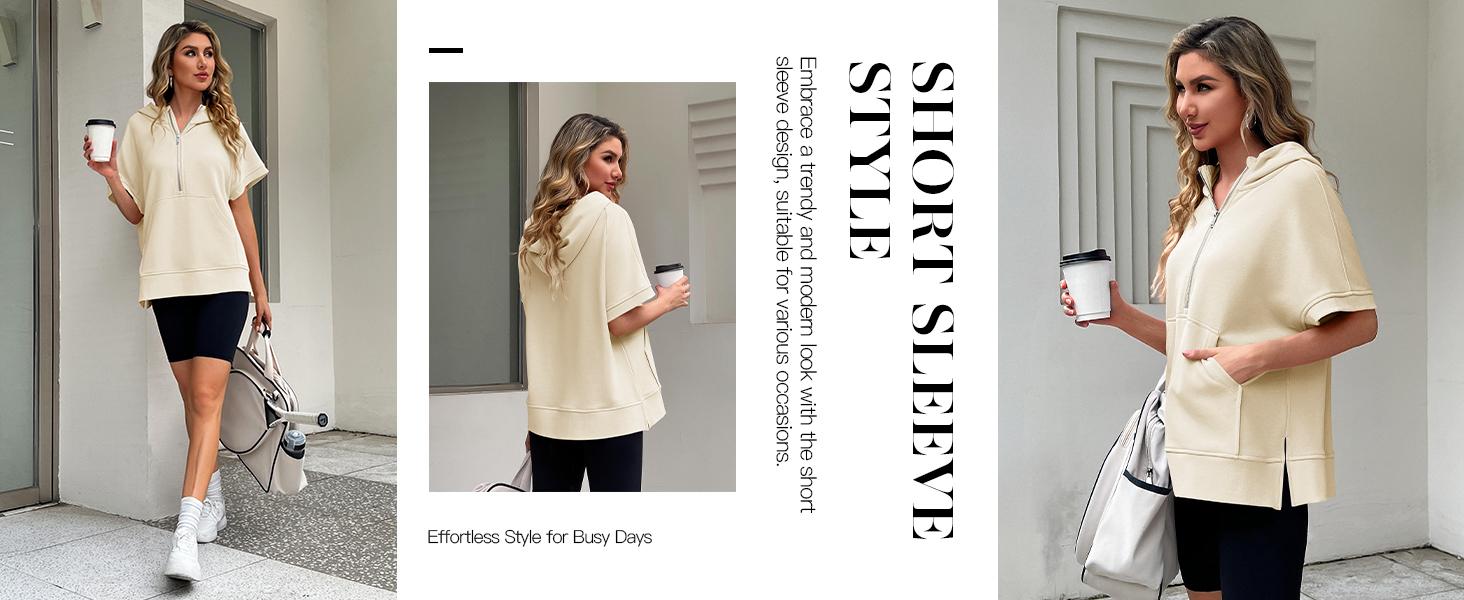 FMEYOA Womens Oversized Half Zip Hoodies Short Sleeve Casual Sweatshirts Pullover Tops with Pockets