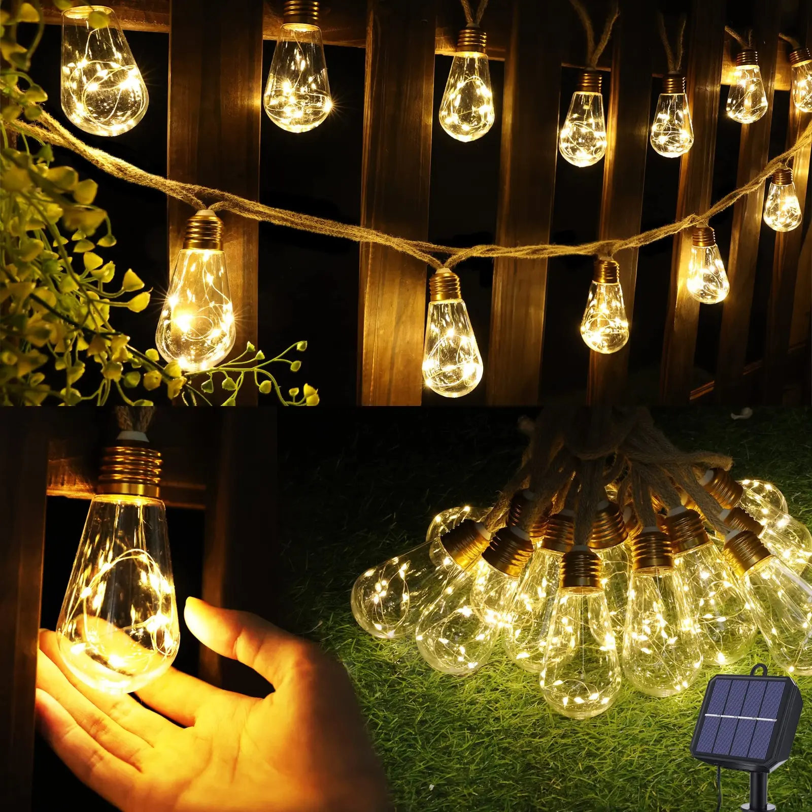 Solar outdoor string lights, 20 foot retro rope hemp solar courtyard lights, waterproof warm white solar string lights, 8 modes, 16 shatterproof light bulbs, used for garden fences, stairs, balconies
