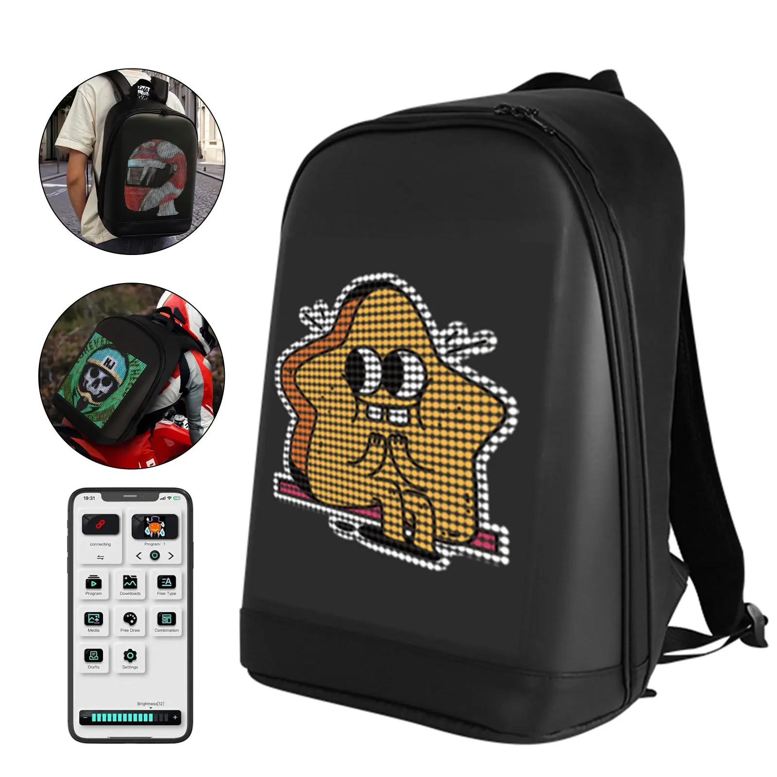 Programmable LED Screen Backpack with BT APP Control | Customize Your Display with Animations & Graphics | Waterproof Motorcycle, Scooter & Travel Backpack for Men & Women | Black