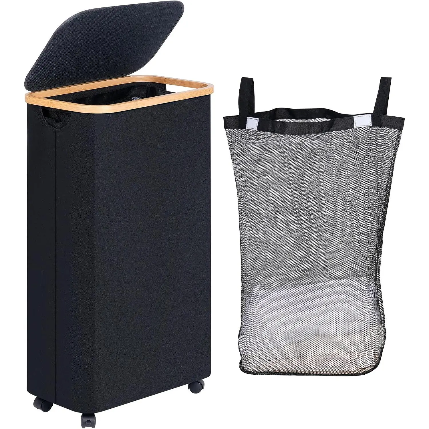 Slim Laundry Basket with Wheels, Narrow Rolling Laundry Hamper with Lid and Removable Bag, Aesthetic Dirty Clothes Hamper  Wheels for Laundry Room, Bedroom, Dorm and Bathroom, 75L Dark Black