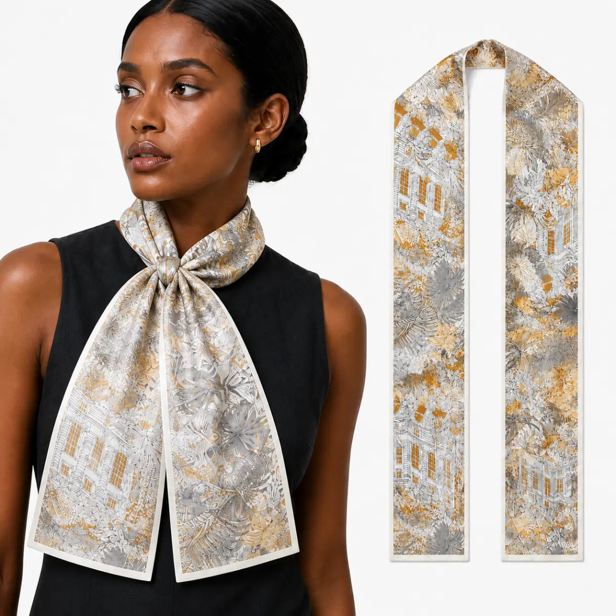 100% Mulberry Silk Long Scarf for Women, Botanical Print for Hair, Neck and Handbags
