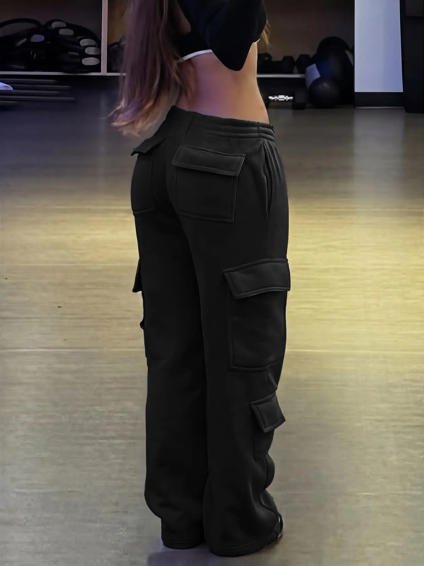 Black Baggy Cargo Sweatpants Women Low Rise Wide Leg Jogger Pants Loose Fit Multi Pocket Streetwear Trousers Soft Lounge Pants Y2K Hip Hop Athleisure Workout Daily Wear Casual Fashion Bottom