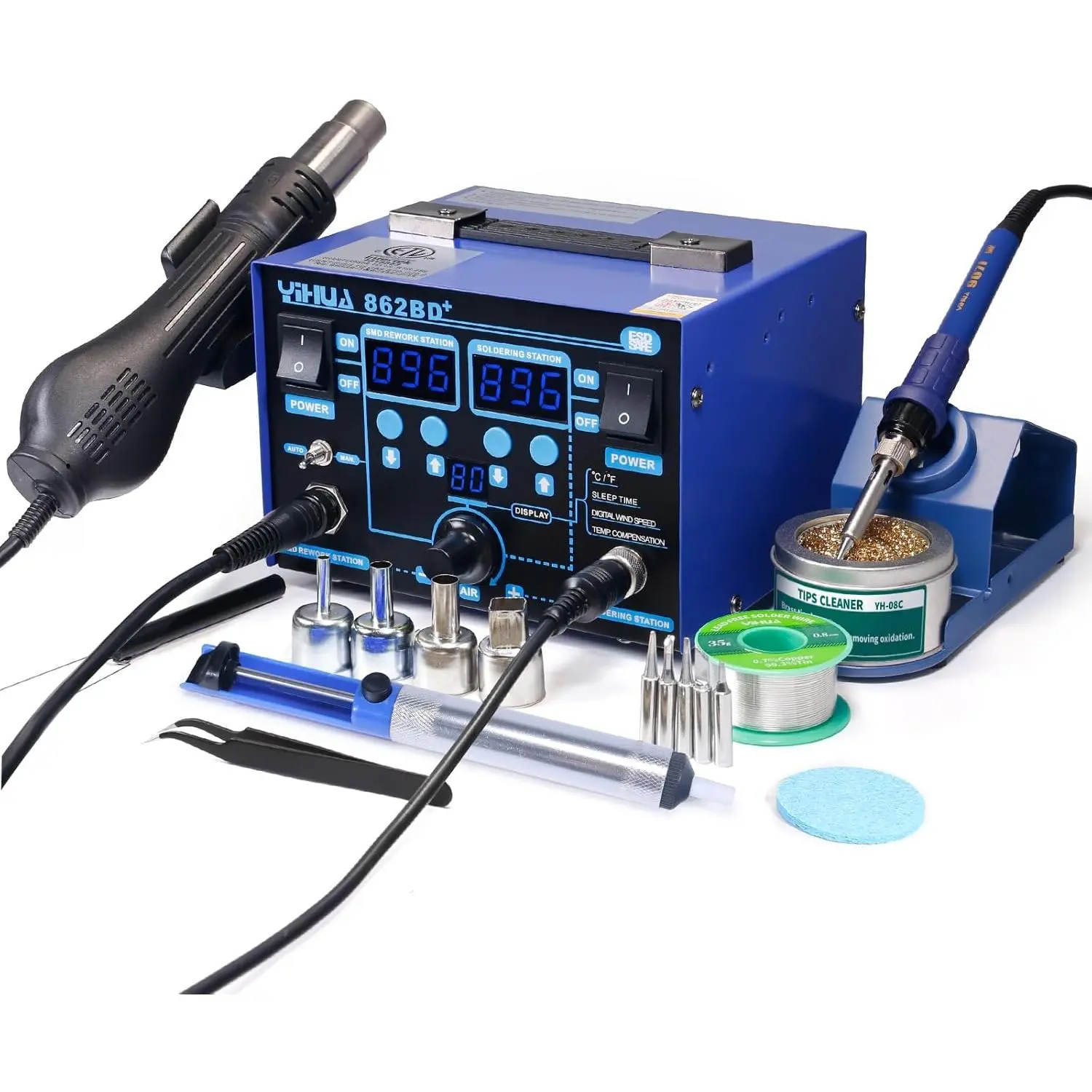 862BD+ SMD ESD Safe 2 in 1 Soldering Iron Hot Air Rework Station°F /°C with Multiple Functions