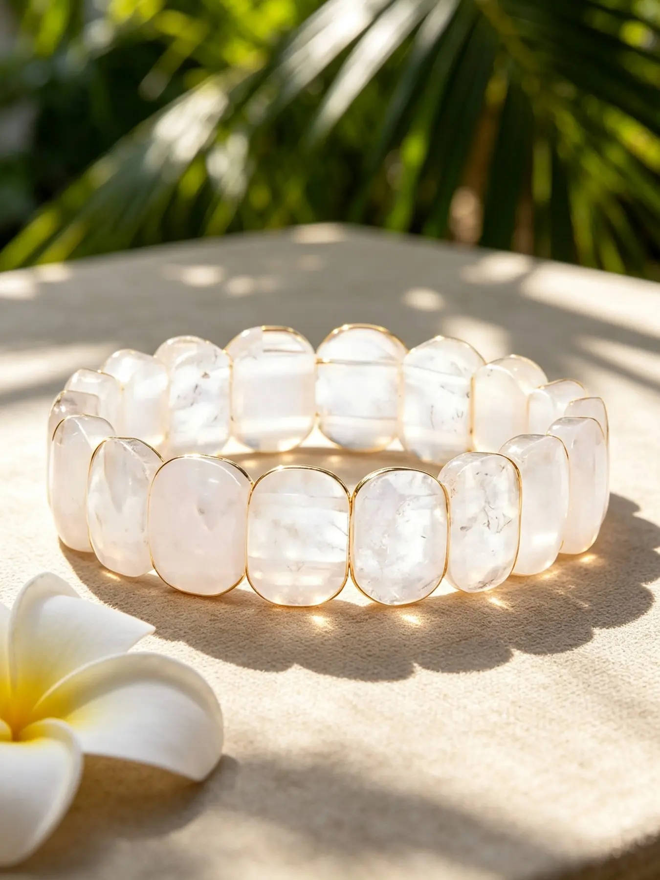 Hand Polished Natural Clear Quartz Flat Bead Bracelet, Transparent White Crystal Stretch Wrist Bangle, Minimalist Stackable Jewelry For Women, Perfect Birthday & Holiday Gift
