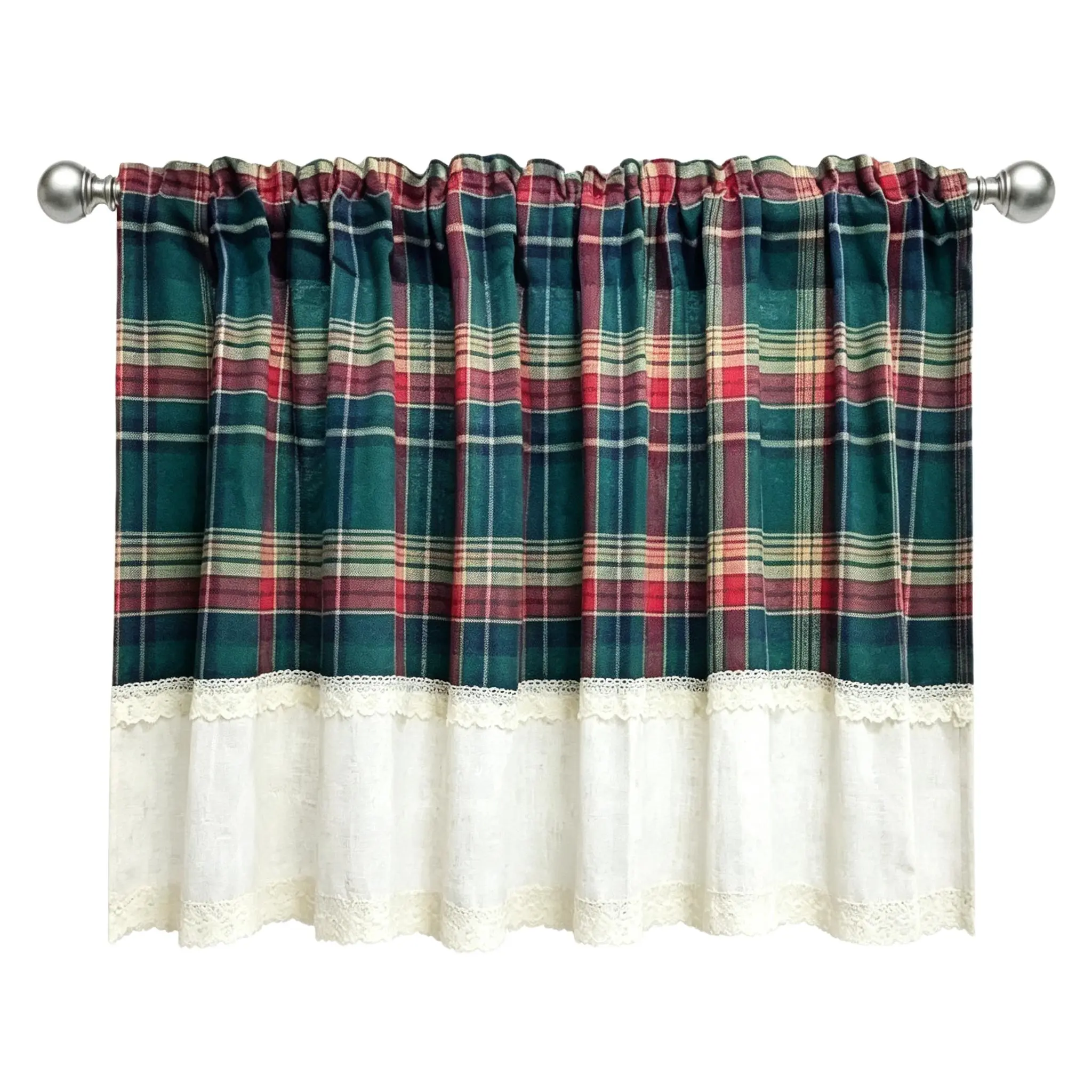 1 Panel Red Green Plaid Lace Short Curtain for Small Window Kitchen Christmas Home Decor Hotel Cafe Holiday Decoration Seasonal Drapes