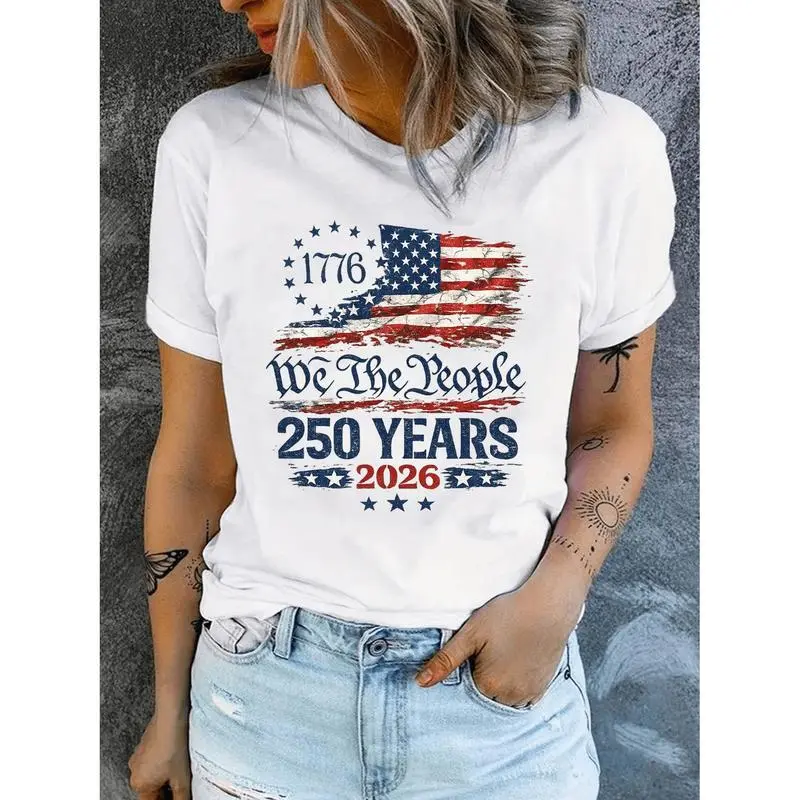 "1776–2026" 250th Anniversary Patriotic T-Shirt| Vintage American Flag Washed-Print Casual Crew-Neck T-Shirt