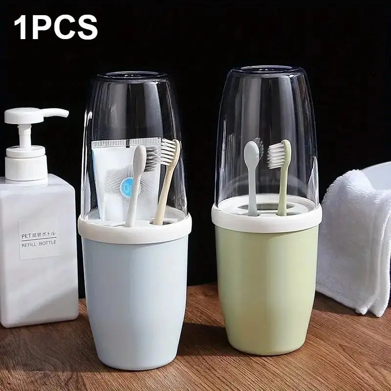 Stylish Couple Mouthwash Cup with Leak-Proof Lid, Compact Concealed Toothbrush Holder for Home & Travel, Convenient Storage Solution
